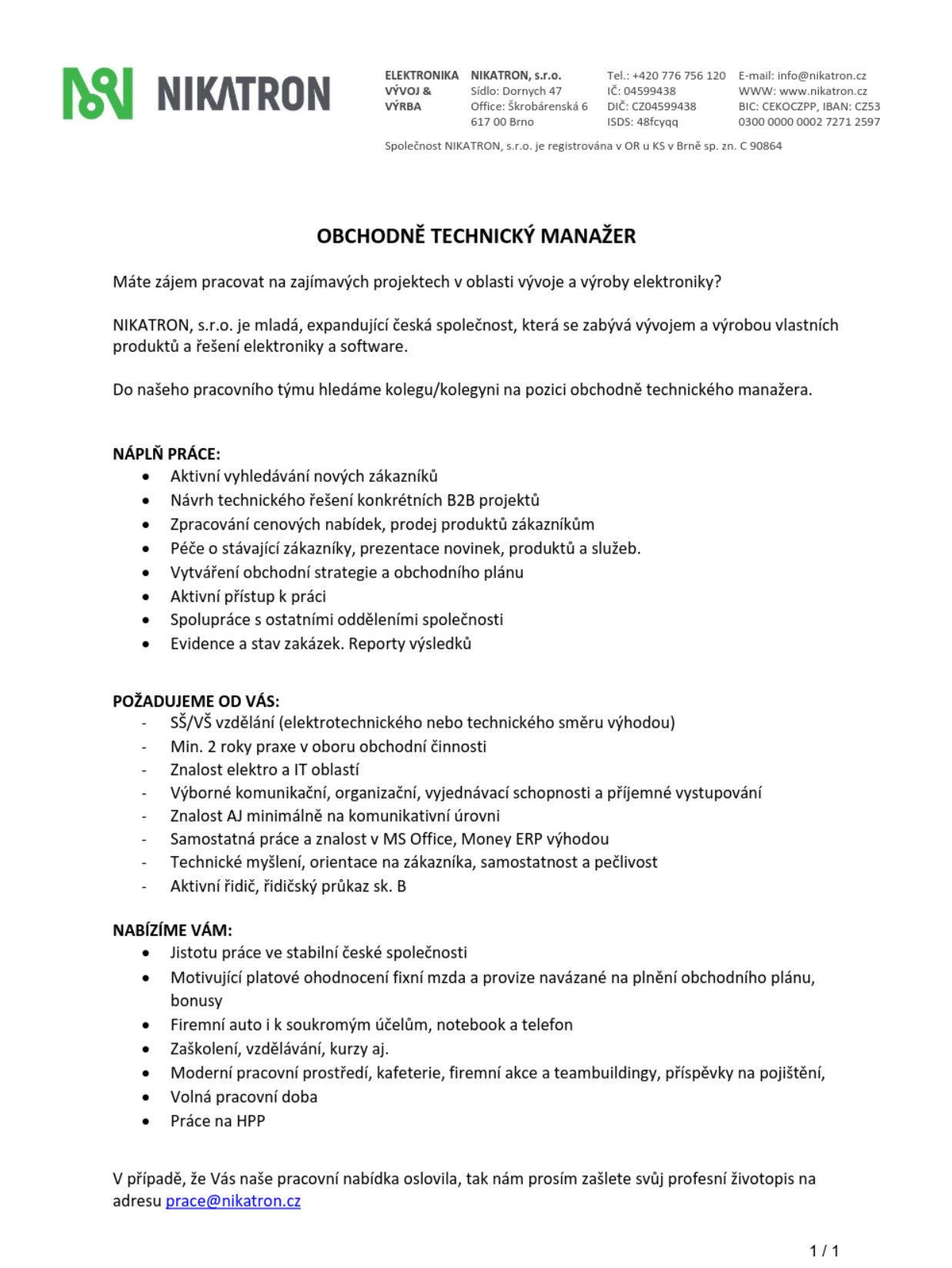 Popis pozice – NIKATRON